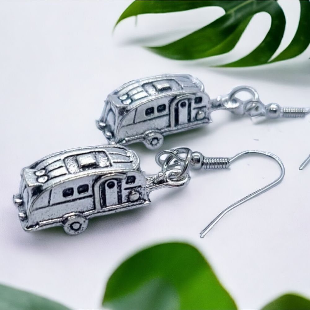 RV Earrings Silver Camper Dangle Drop Jewelry Camping Glamping Vacation Travel